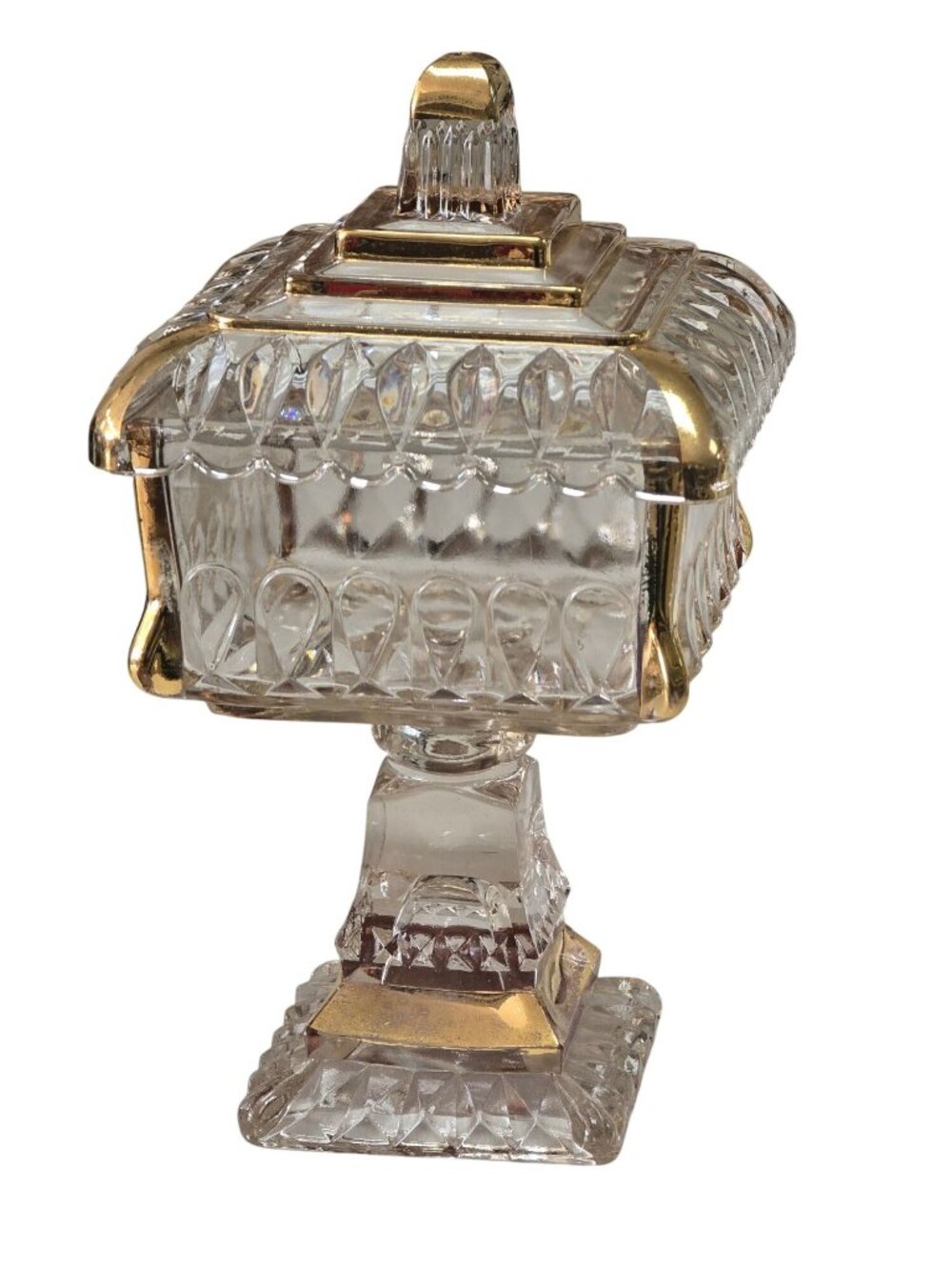 Vintage Jeanette Glass Square Wedding Bowl Pedestal Candy Dish Gold Accents
